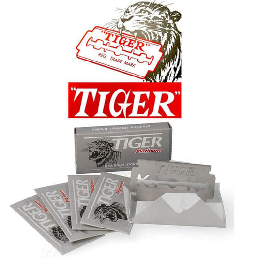 Tiger Platinum Double Edge Safety Razor Blades Platinum coated razor blades come in a box of five